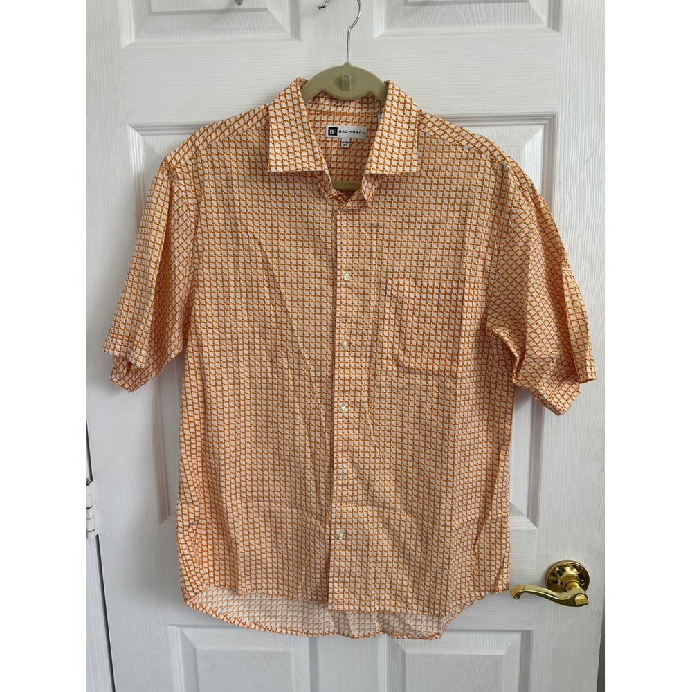 Bachrach Mens Large Orange White Geometric Short Sleeve Cotton Button Down Shirt